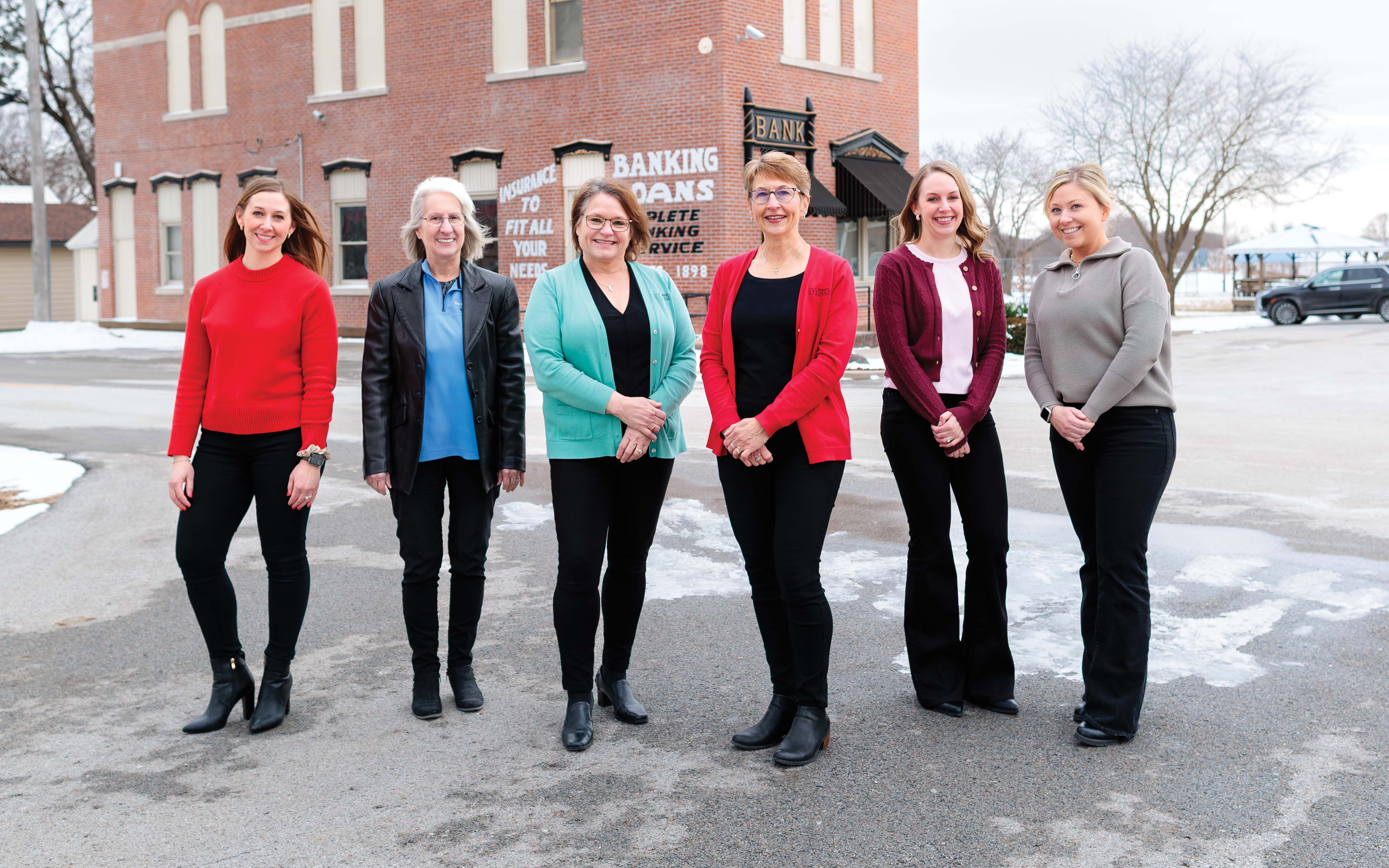 The Bank of Steinauer in Steinauer, Nebraska, is happy with one location. The bank’s entire staff, from left: Megan Sudik, compliance coordinator; Kathy Johnson, VP of operations; Suzanne Borcher, president; Carol Schaardt, vice president; Taylor Fink, compliance officer; Brittany Freeman, teller/customer service