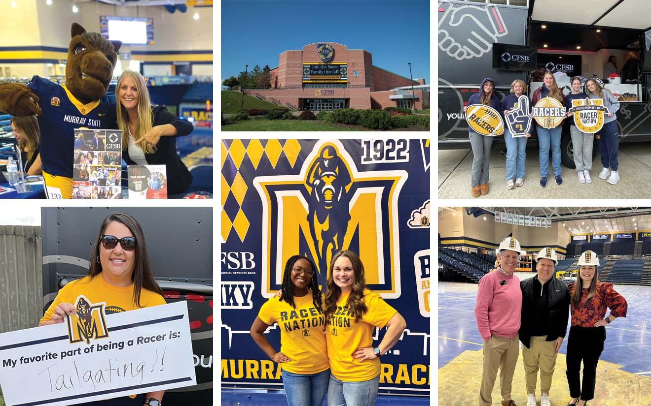 Clockwise from top left: Murray State University mascot Dunker and Community Financial Services Bank recruiter Heather Watkins at the MSU Career Fair; CFSB has lifetime naming rights to the school’s basketball arena; MSU students stop at CFSB’s marketing truck before a football game; (L-R) CFSB president Jason Jones, MSU vice president and director of athletics Nico Yantko, and CFSB vice president and director of marketing Dana Howard; (L-R) CFSB marketing intern Jada Poindexter and Howard; CFSB McCracken County market president Angela Meyer.