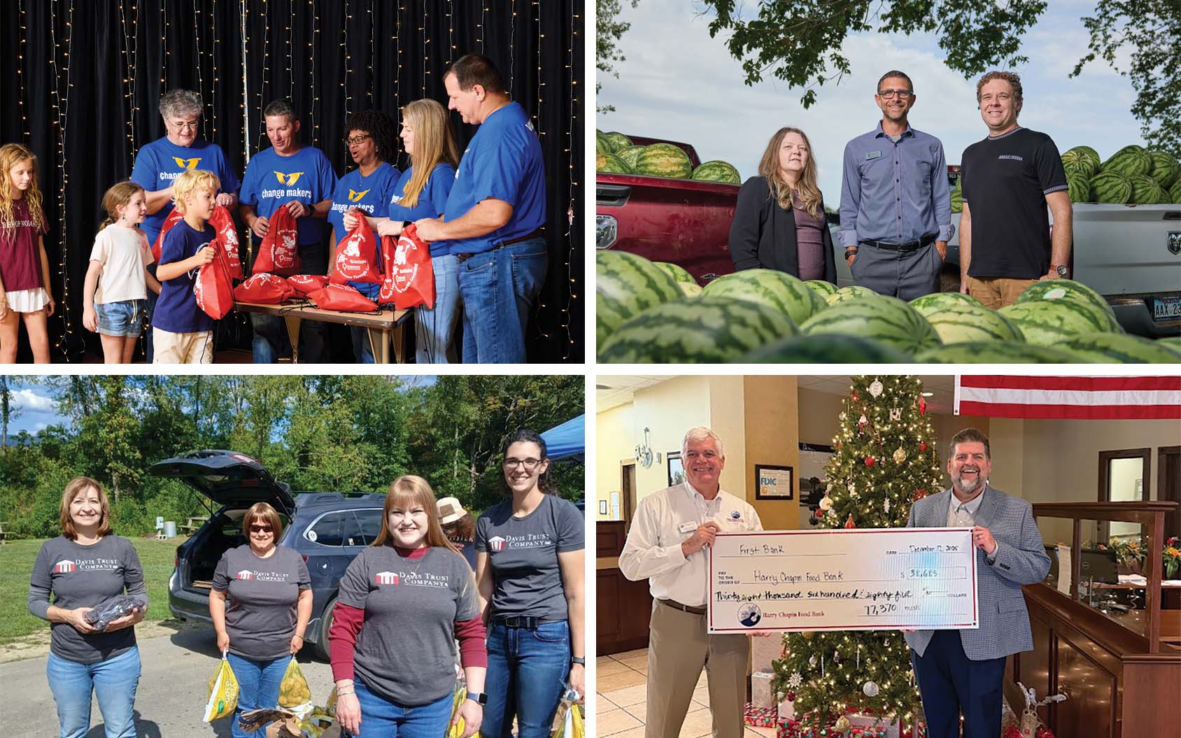 Each 2026 National Community Bank Service Award winner has made a mark on its community. | Clockwise from top left: Emerging winner First Federal Bank of Louisiana; Exceptional winner Bank of Cave City; Emerging honorable mention First Bank; Exceptional honorable mention Davis Trust Company