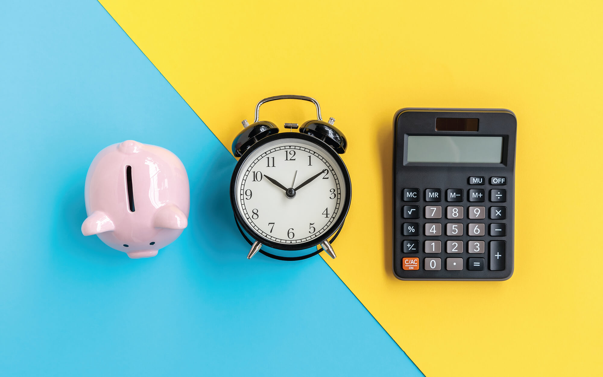 piggy bank, clock, and calculator