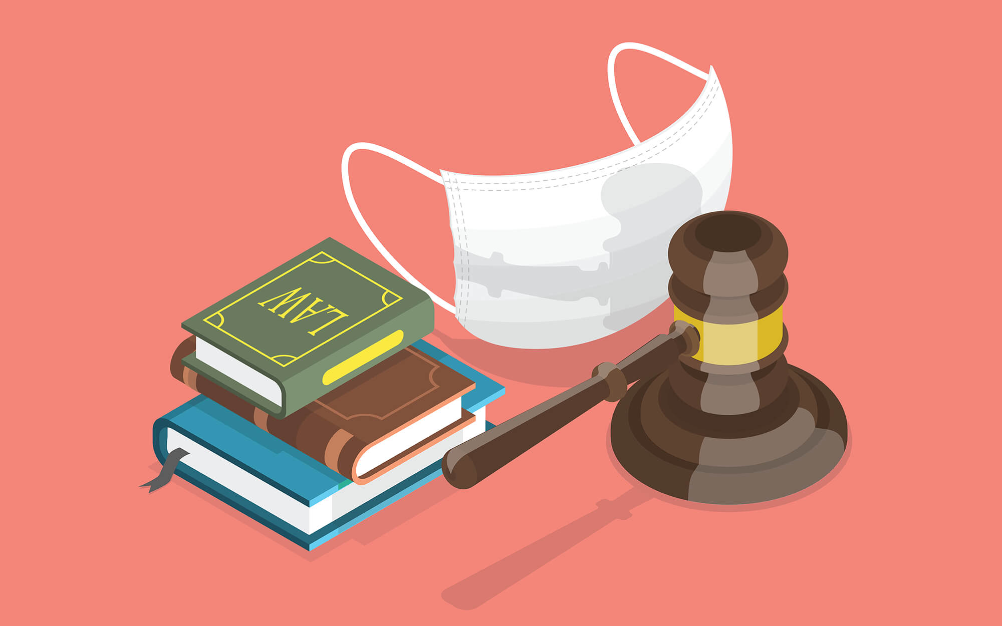 books, mask, and gavel illustration