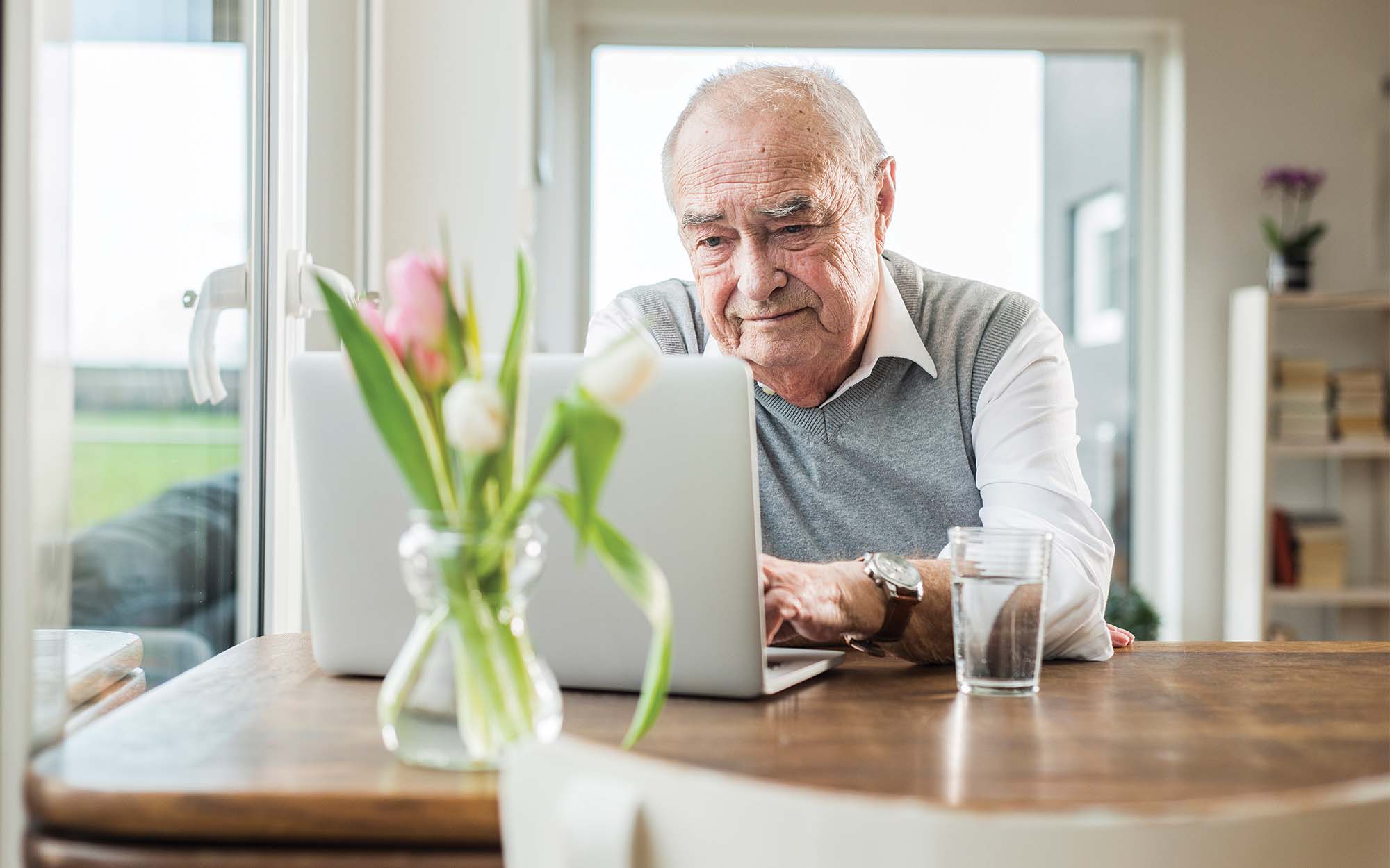 Senior citizen working on laptop